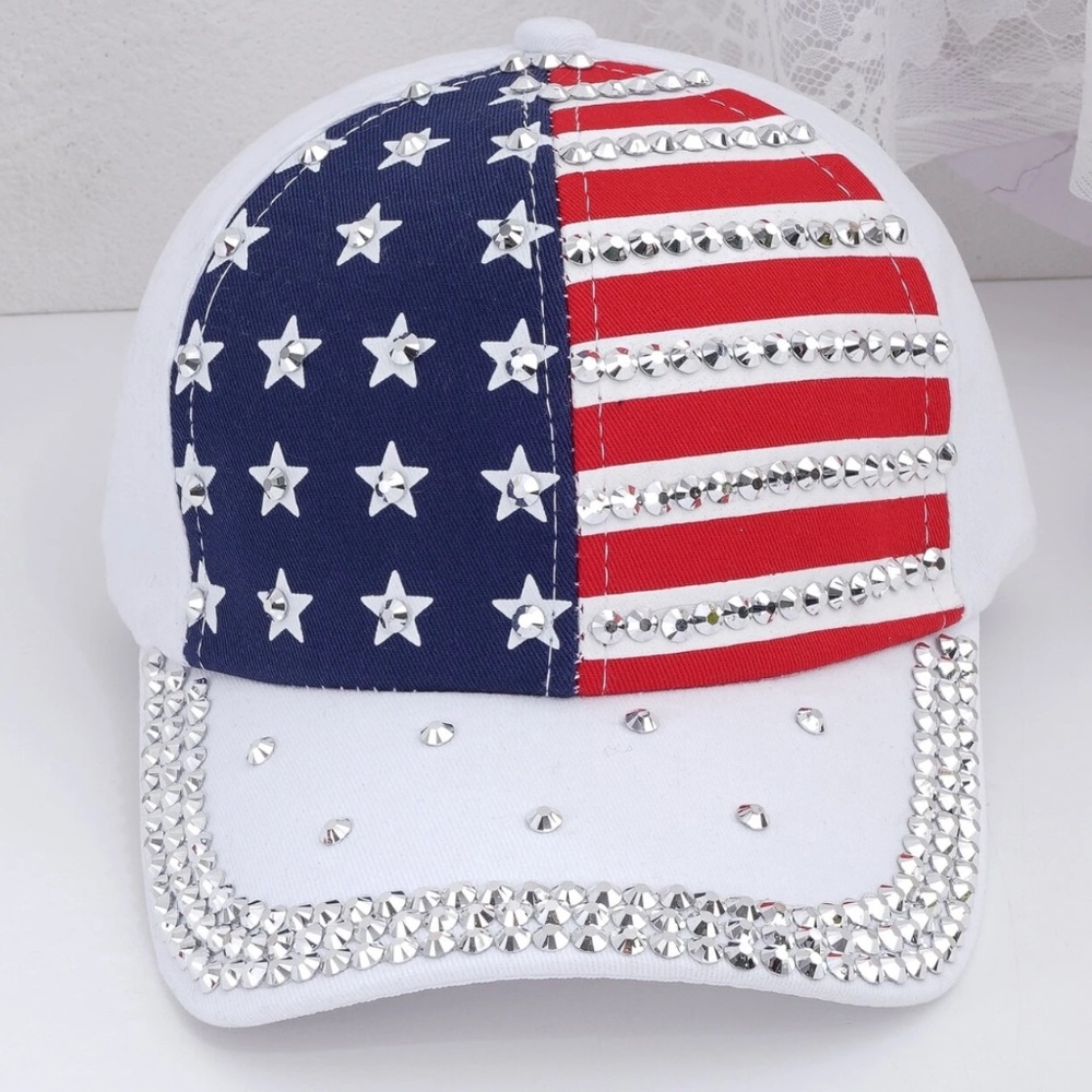 Womens USA Flag Bling Baseball Cap in White
